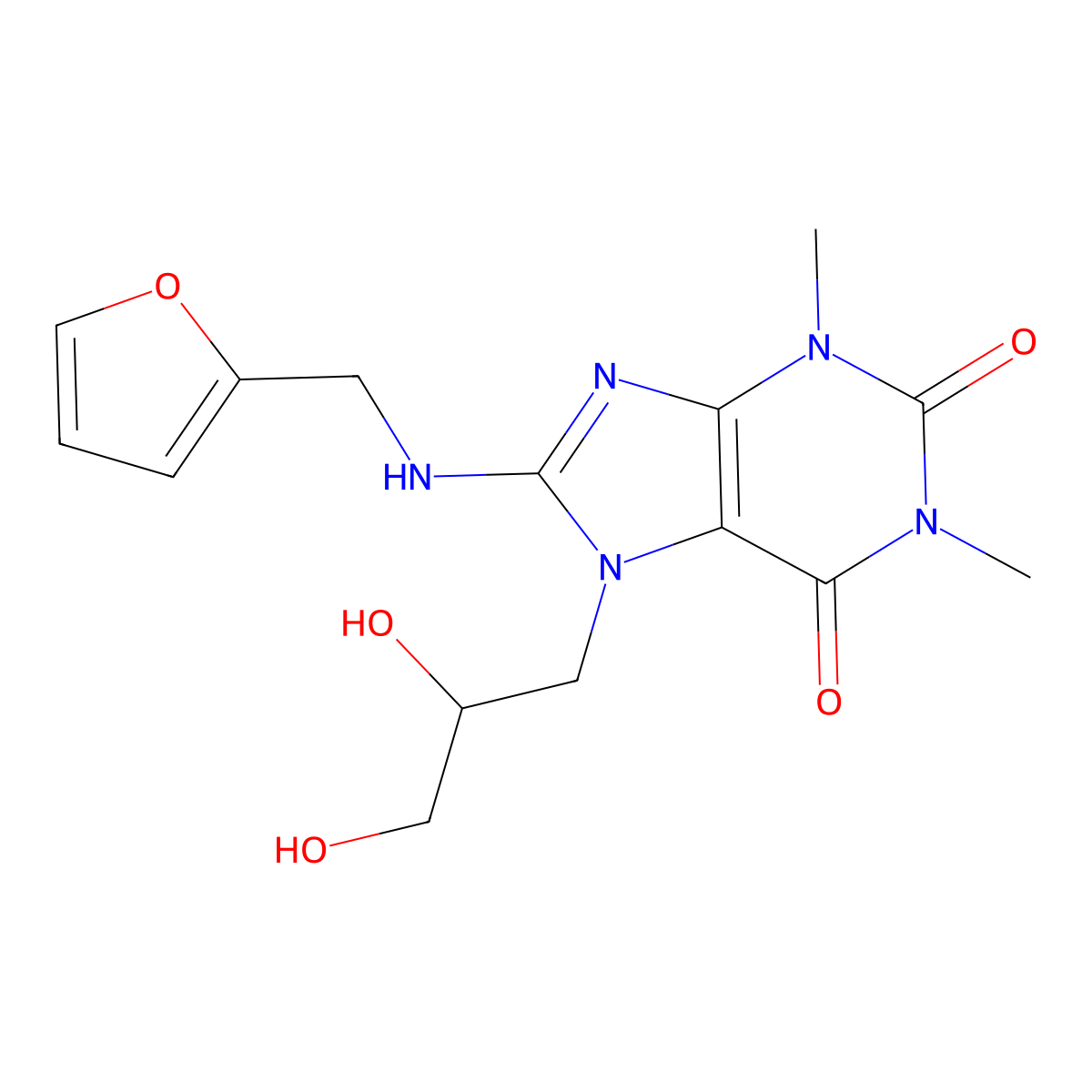 7-(2,3-dihydroxypropyl)-8-((furan-2-ylmethyl)amino)-1,3-dimethyl-1H-purine-2,6(3H,7H)-dione molecular structure, CAS 333752-24-2