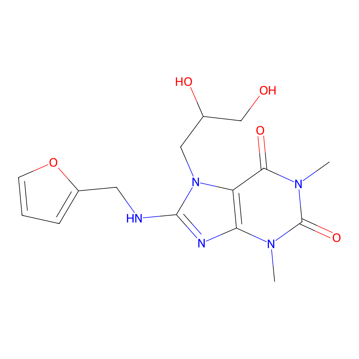 7-(2,3-dihydroxypropyl)-8-((furan-2-ylmethyl)amino)-1,3-dimethyl-1H-purine-2,6(3H,7H)-dione molecular structure, CAS 333752-24-2