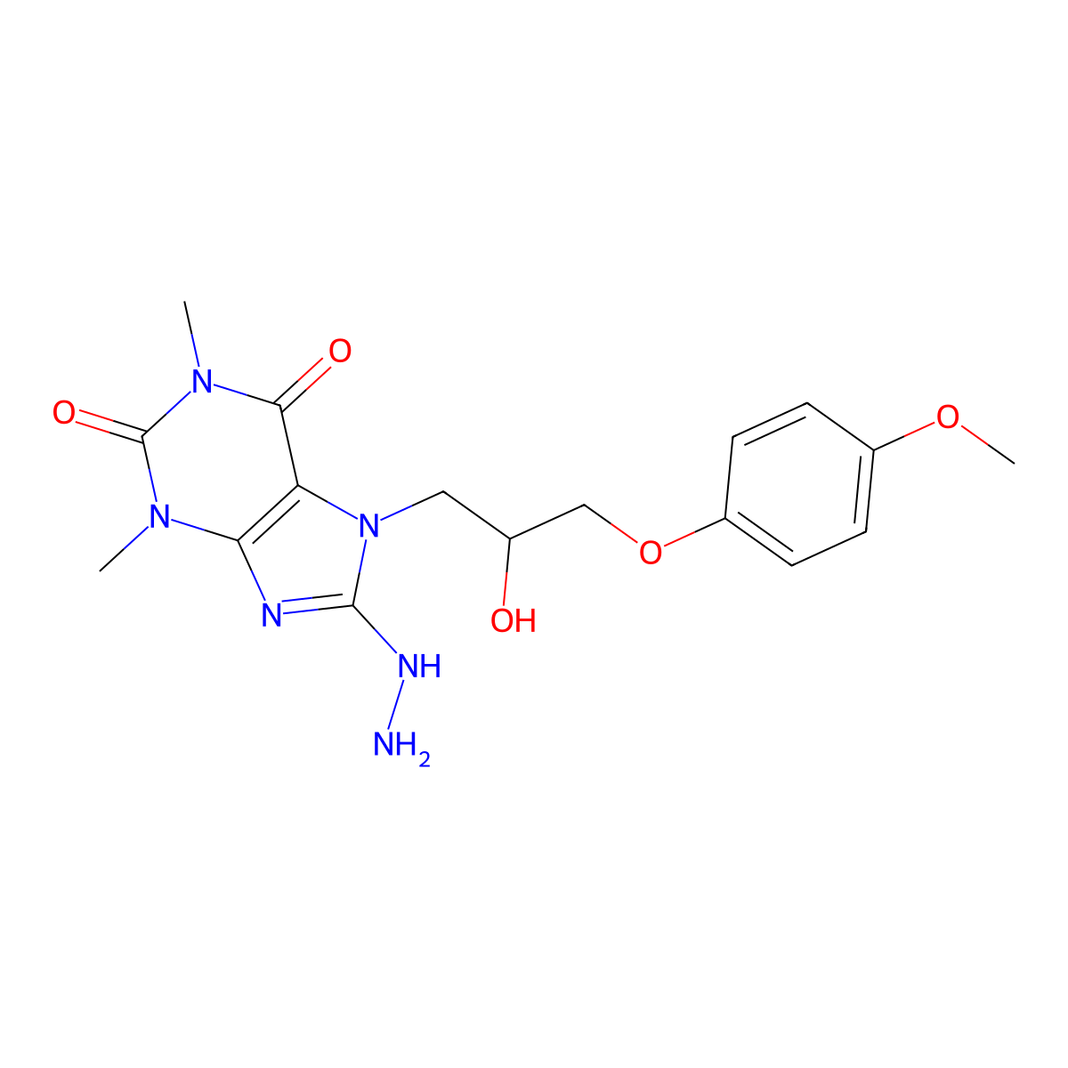 8-hydrazinyl-7-(2-hydroxy-3-(4-methoxyphenoxy)propyl)-1,3-dimethyl-1H-purine-2,6(3H,7H)-dione molecular structure, CAS 333752-38-8