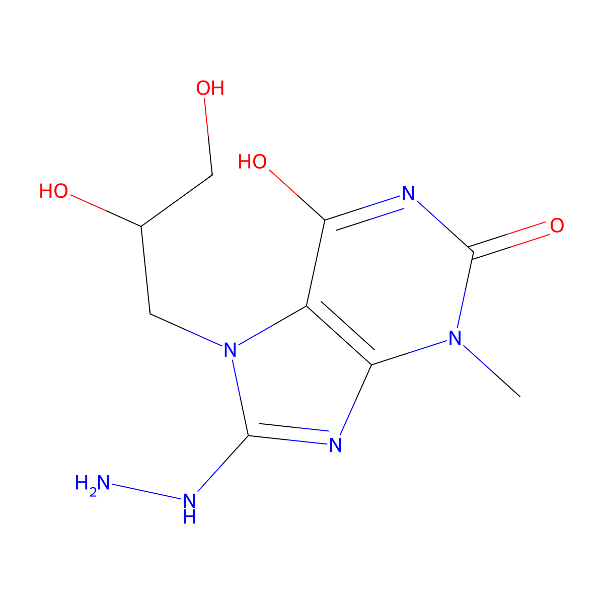 7-(2,3-dihydroxypropyl)-8-hydrazinyl-3-methyl-1H-purine-2,6(3H,7H)-dione molecular structure, CAS 333752-40-2