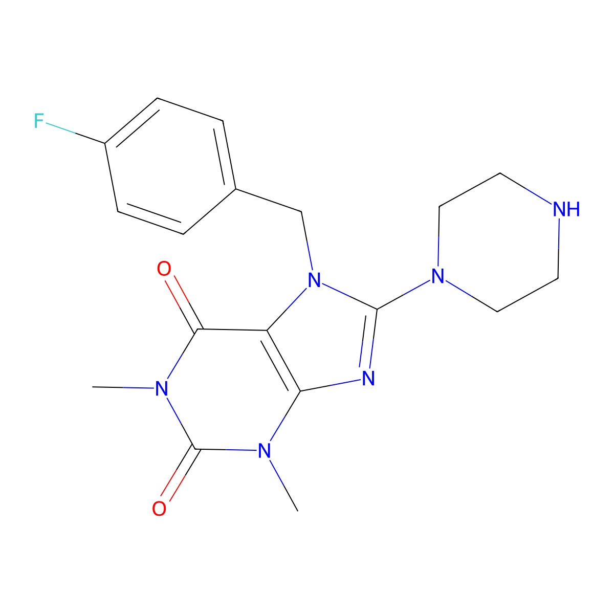 7-(4-fluorobenzyl)-1,3-dimethyl-8-(piperazin-1-yl)-1H-purine-2,6(3H,7H)-dione molecular structure, CAS 333755-22-9