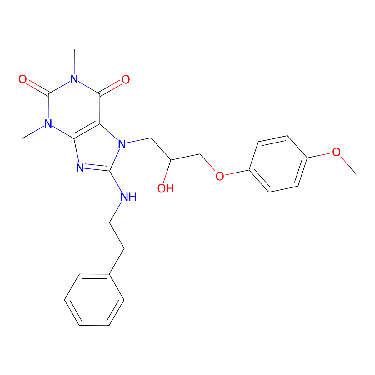 7-(2-hydroxy-3-(4-methoxyphenoxy)propyl)-1,3-dimethyl-8-(phenethylamino)-1H-purine-2,6(3H,7H)-dione molecular structure, CAS 333755-37-6