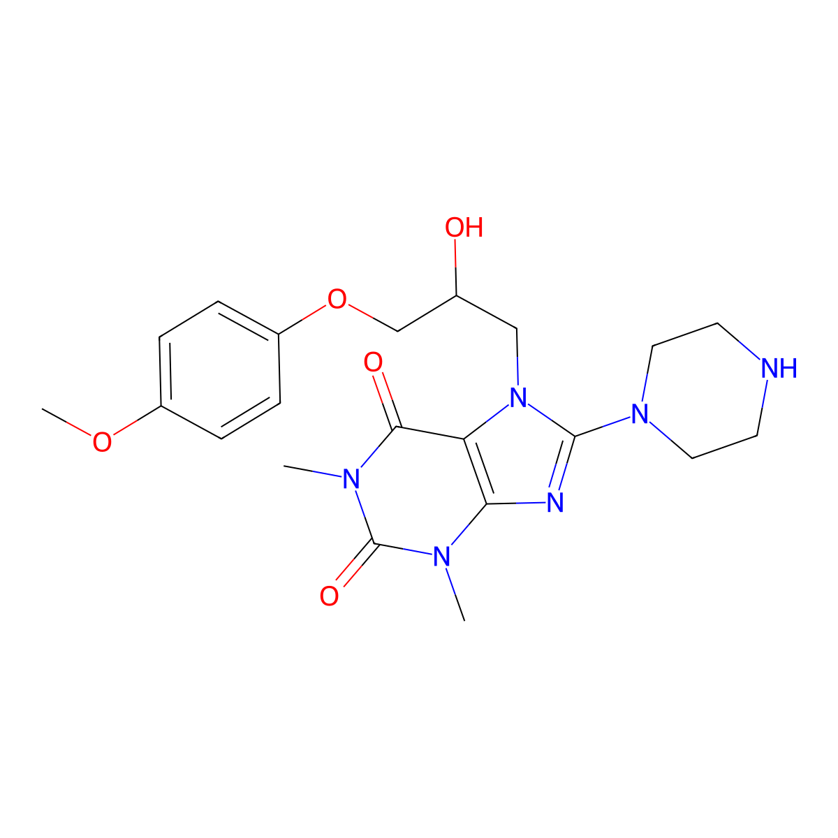 7-(2-hydroxy-3-(4-methoxyphenoxy)propyl)-1,3-dimethyl-8-(piperazin-1-yl)-1H-purine-2,6(3H,7H)-dione molecular structure, CAS 333755-39-8
