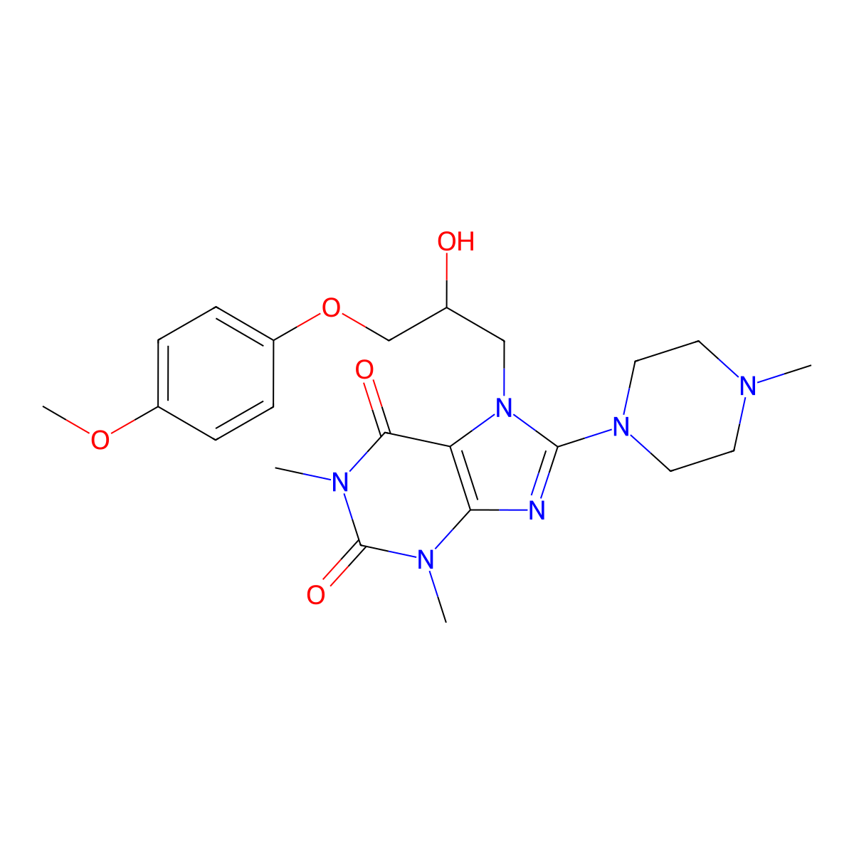 7-(2-hydroxy-3-(4-methoxyphenoxy)propyl)-1,3-dimethyl-8-(4-methylpiperazin-1-yl)-1H-purine-2,6(3H,7H)-dione molecular structure, CAS 333755-40-1