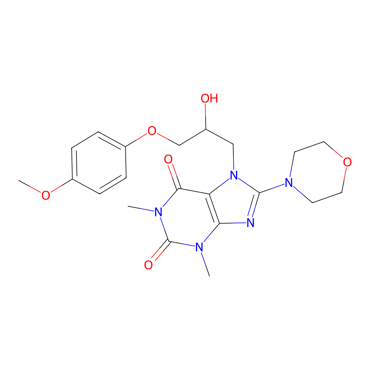 7-(2-hydroxy-3-(4-methoxyphenoxy)propyl)-1,3-dimethyl-8-morpholino-1H-purine-2,6(3H,7H)-dione molecular structure, CAS 333755-41-2