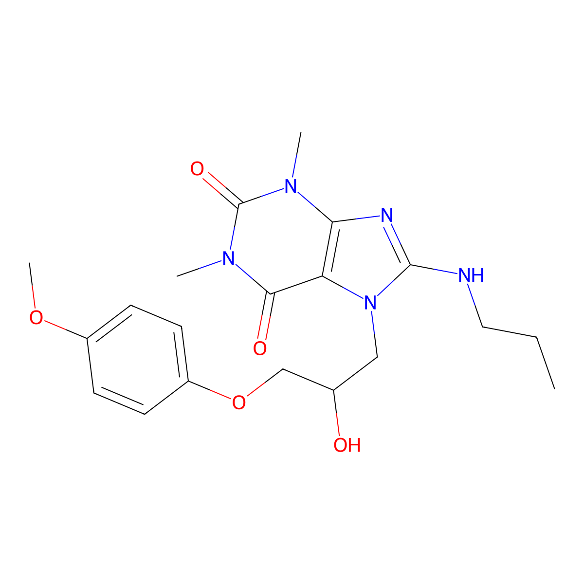 7-(2-hydroxy-3-(4-methoxyphenoxy)propyl)-1,3-dimethyl-8-(propylamino)-1H-purine-2,6(3H,7H)-dione molecular structure, CAS 333755-51-4