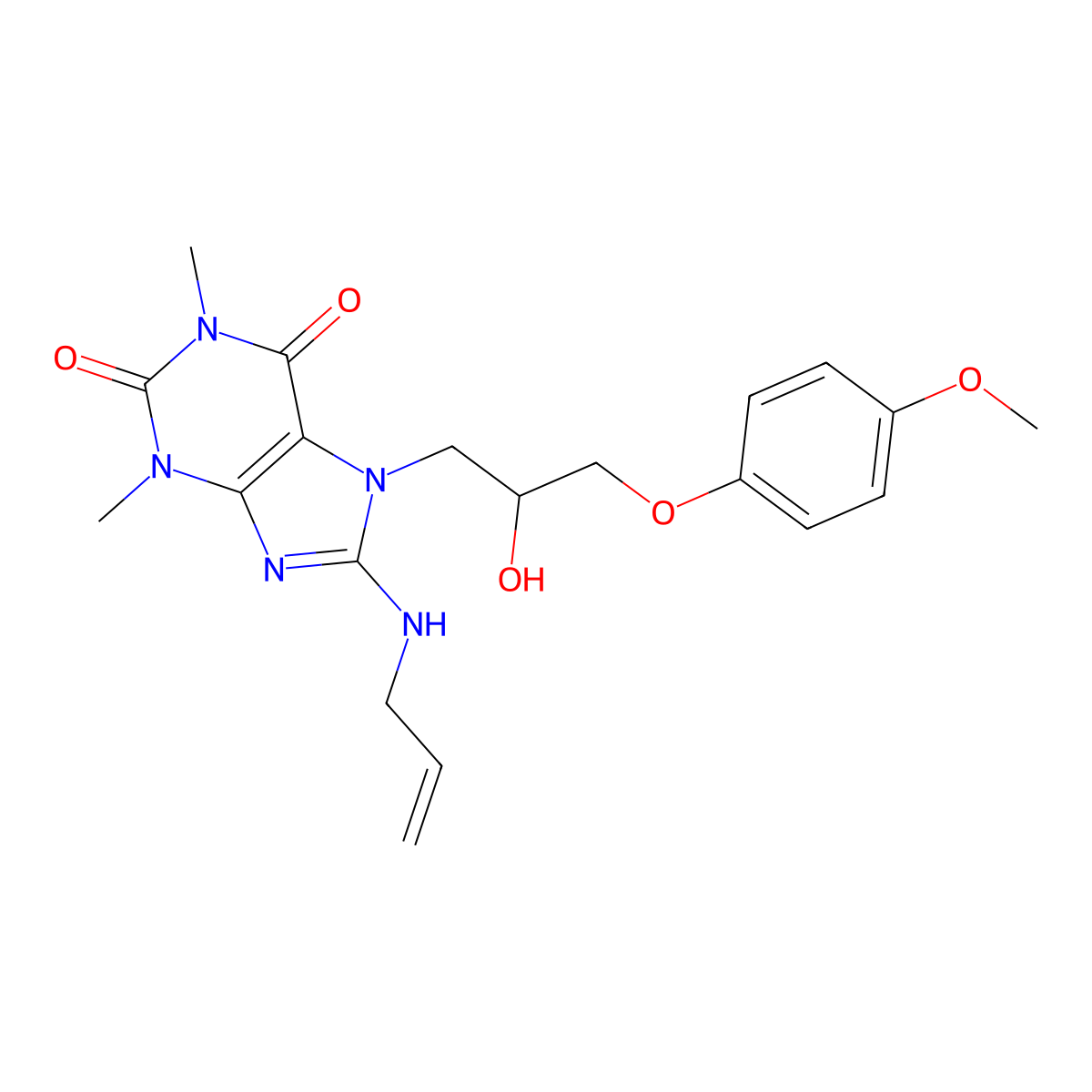 7-[2-hydroxy-3-(4-methoxyphenoxy)propyl]-1,3-dimethyl-8-(prop-2-en-1-ylamino)-3,7-dihydro-1H-purine-2,6-dione molecular structure, CAS 333755-52-5