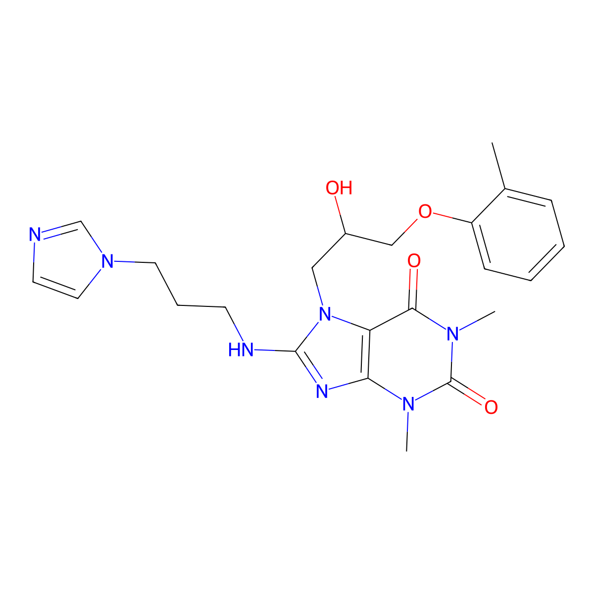 7-[2-hydroxy-3-(2-methylphenoxy)propyl]-8-{[3-(1H-imidazol-1-yl)propyl]amino}-1,3-dimethyl-3,7-dihydro-1H-purine-2,6-dione molecular structure, CAS 333755-53-6