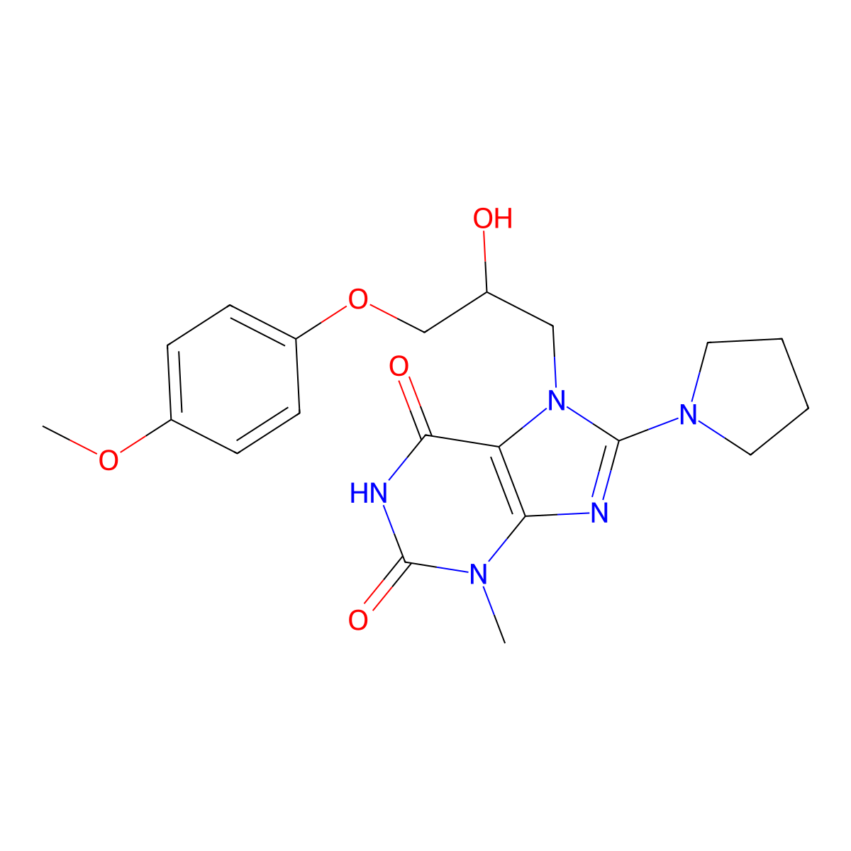 7-(2-hydroxy-3-(4-methoxyphenoxy)propyl)-3-methyl-8-(pyrrolidin-1-yl)-1H-purine-2,6(3H,7H)-dione molecular structure, CAS 333755-55-8