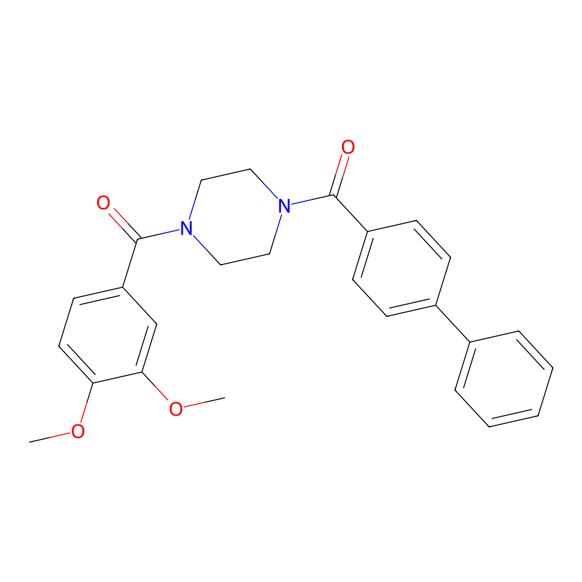Piperazine, 1-(3,4-dimethoxybenzoyl)-4-(4-phenylbenzoyl)- molecular structure, CAS 333756-87-9