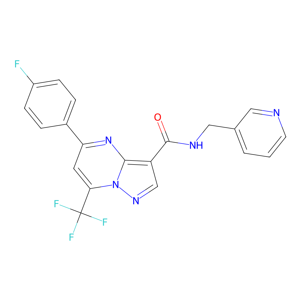 5-(4-fluorophenyl)-N-(pyridin-3-ylmethyl)-7-(trifluoromethyl)pyrazolo[1,5-a]pyrimidine-3-carboxamide molecular structure, CAS 333761-26-5
