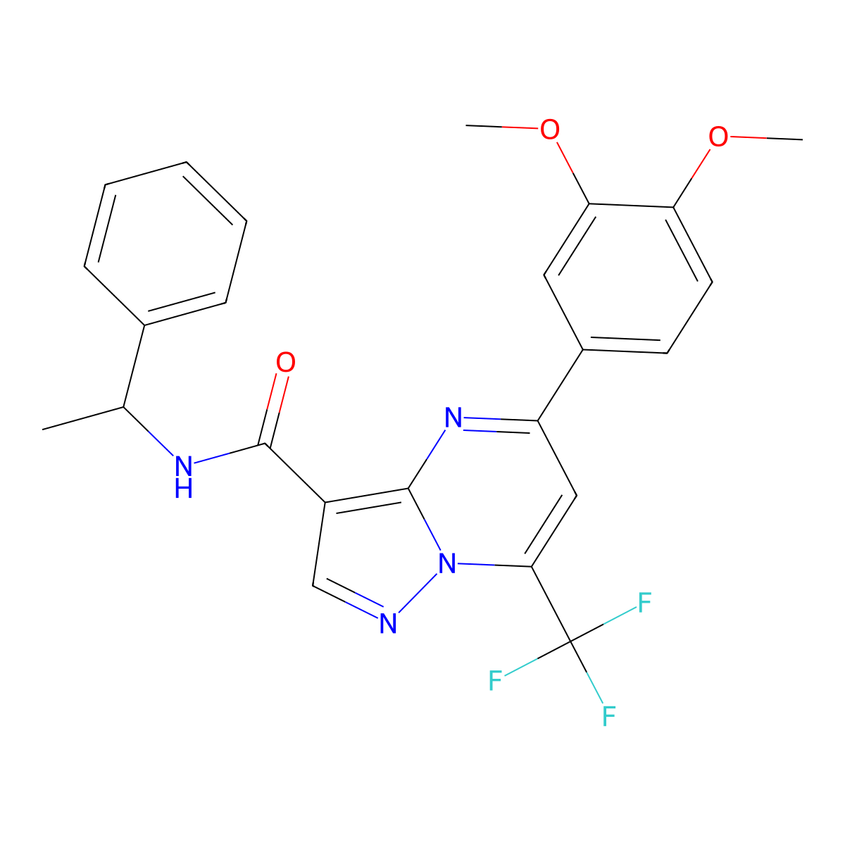 5-(3,4-dimethoxyphenyl)-N-(1-phenylethyl)-7-(trifluoromethyl)pyrazolo[1,5-a]pyrimidine-3-carboxamide molecular structure, CAS 333761-50-5