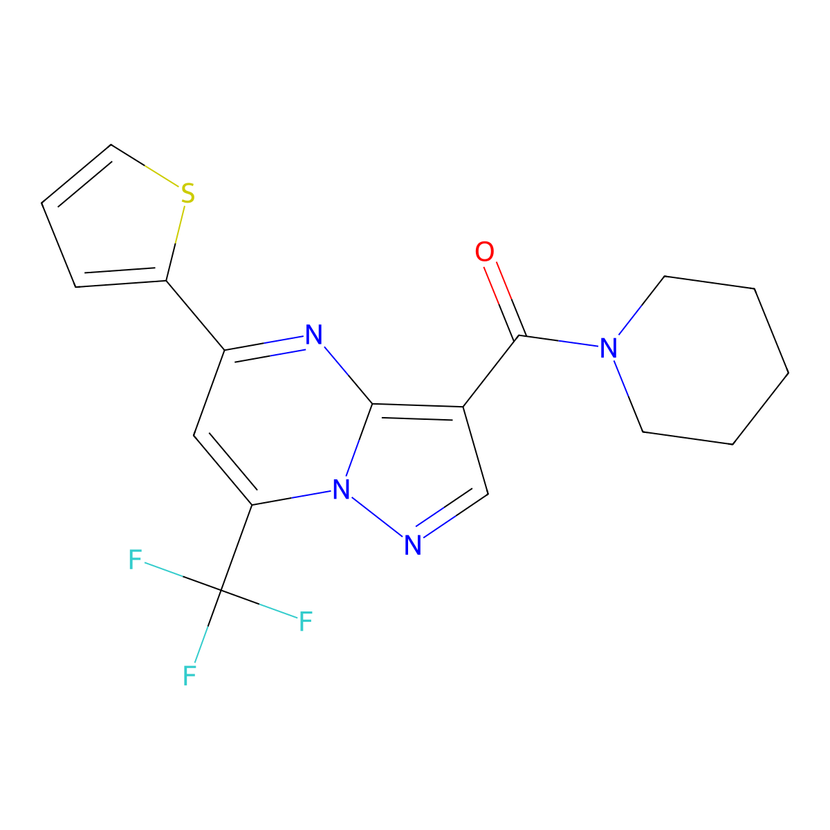 Piperidin-1-yl[5-(thiophen-2-yl)-7-(trifluoromethyl)pyrazolo[1,5-a]pyrimidin-3-yl]methanone molecular structure, CAS 333762-02-0