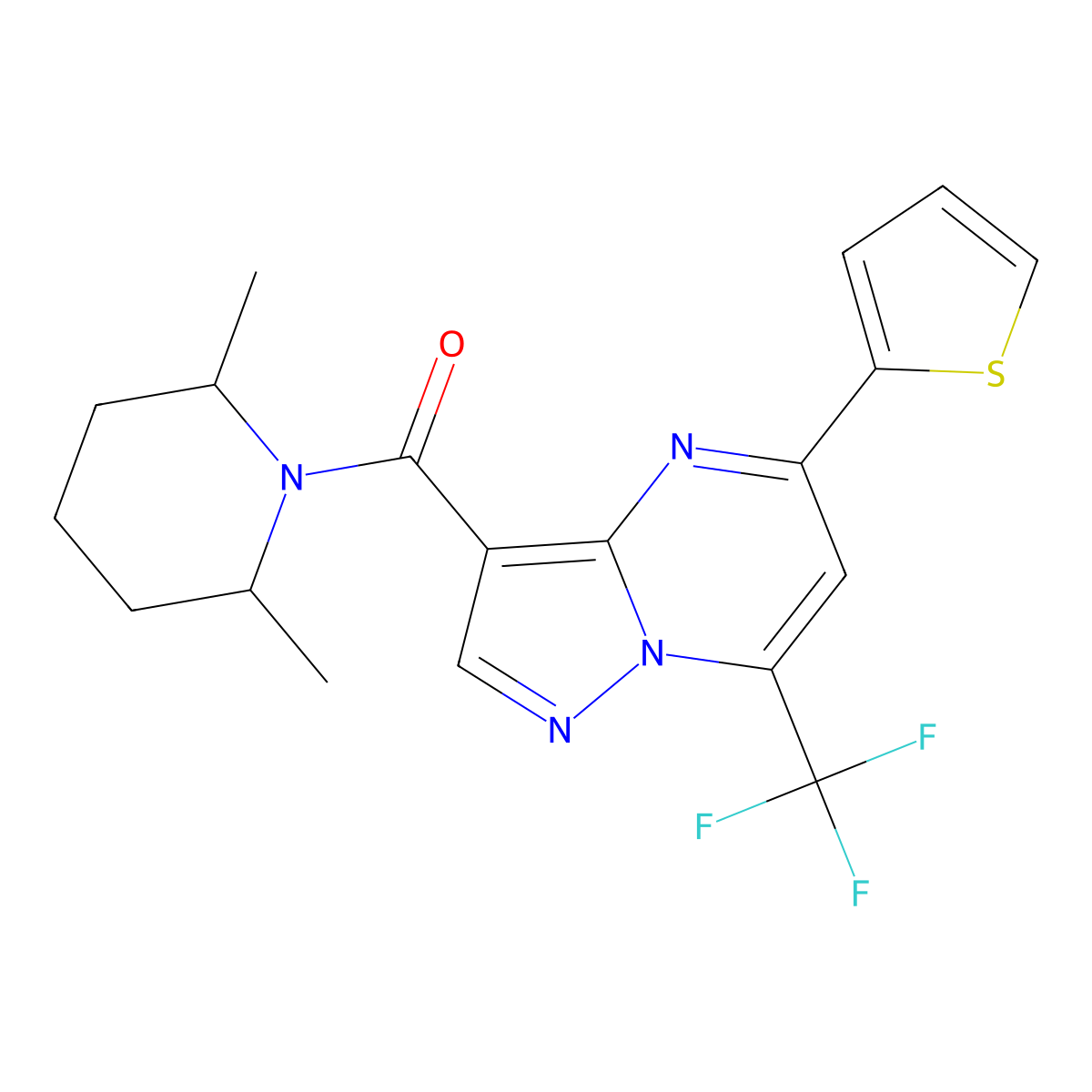 3-[(2,6-Dimethyl-1-piperidinyl)carbonyl]-5-(2-thienyl)-7-(trifluoromethyl)pyrazolo[1,5-a]pyrimidine molecular structure, CAS 333762-18-8