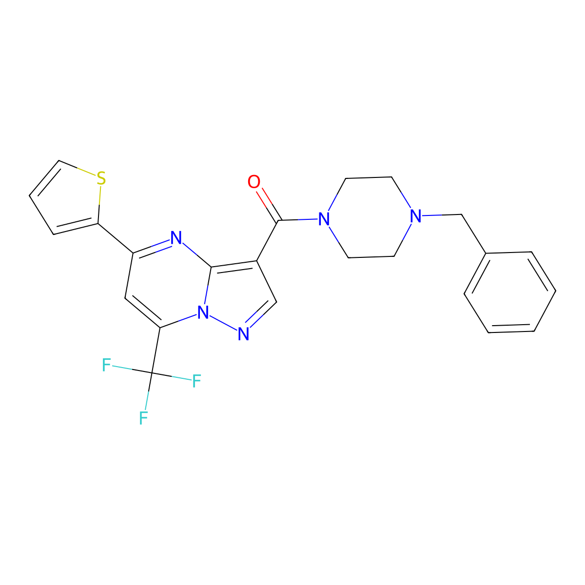 (4-Benzyl-piperazin-1-yl)-(5-thiophen-2-yl-7-trifluoromethyl-pyrazolo[1,5-a]pyrimidin-3-yl)-methanone molecular structure, CAS 333762-32-6