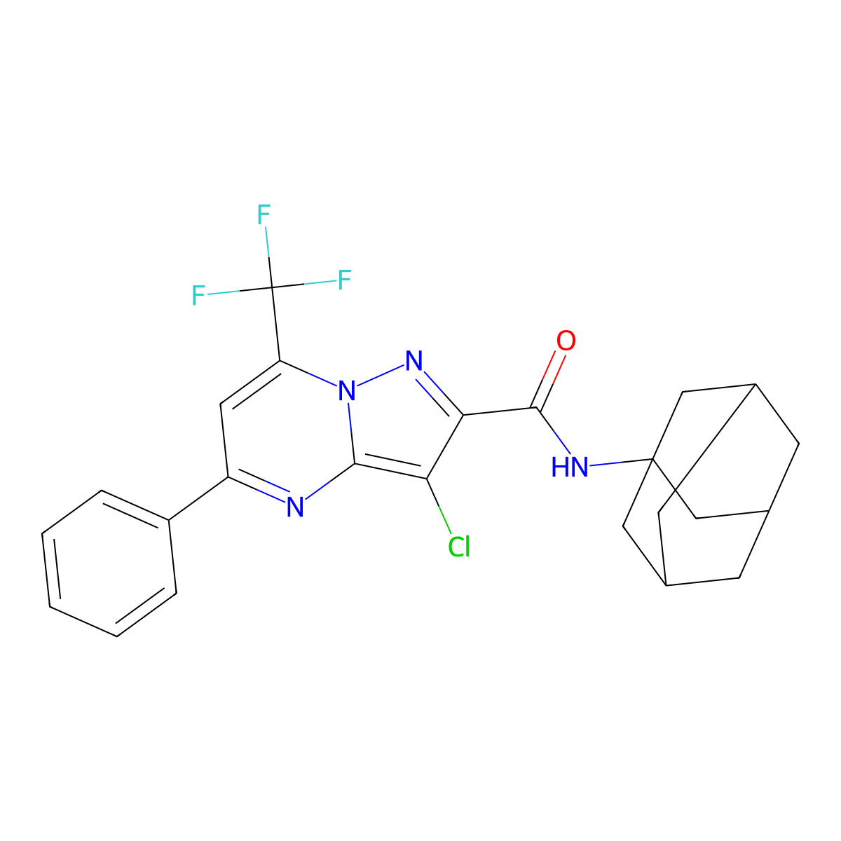 N-(1-adamantyl)-3-chloro-5-phenyl-7-(trifluoromethyl)pyrazolo[1,5-a]pyrimidine-2-carboxamide molecular structure, CAS 333762-69-9