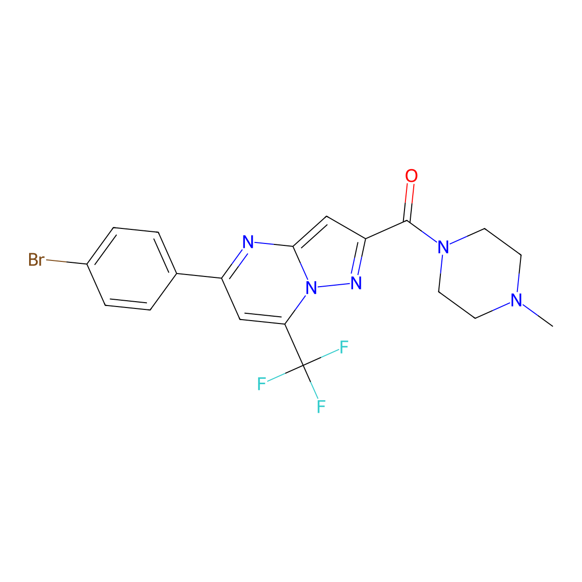 [5-(4-Bromophenyl)-7-(trifluoromethyl)pyrazolo[1,5-a]pyrimidin-2-yl]-(4-methylpiperazin-1-yl)methanone molecular structure, CAS 333763-18-1