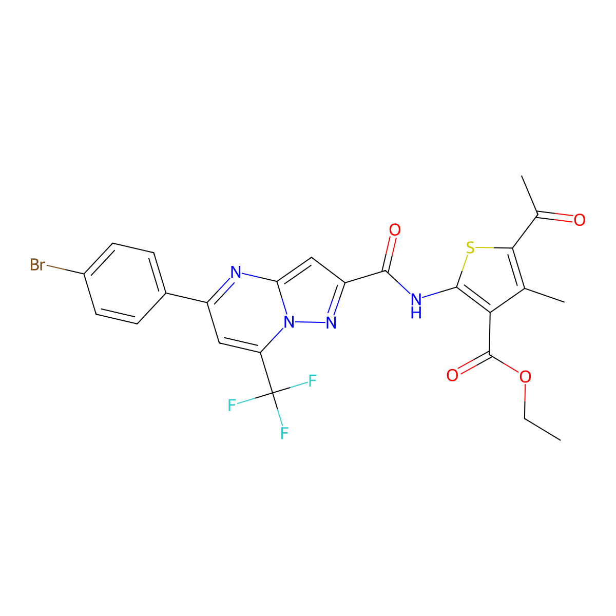 Ethyl 5-acetyl-2-({[5-(4-bromophenyl)-7-(trifluoromethyl)pyrazolo[1,5-a]pyrimidin-2-yl]carbonyl}amino)-4-methyl-3-thiophenecarboxylate molecular structure, CAS 333763-45-4