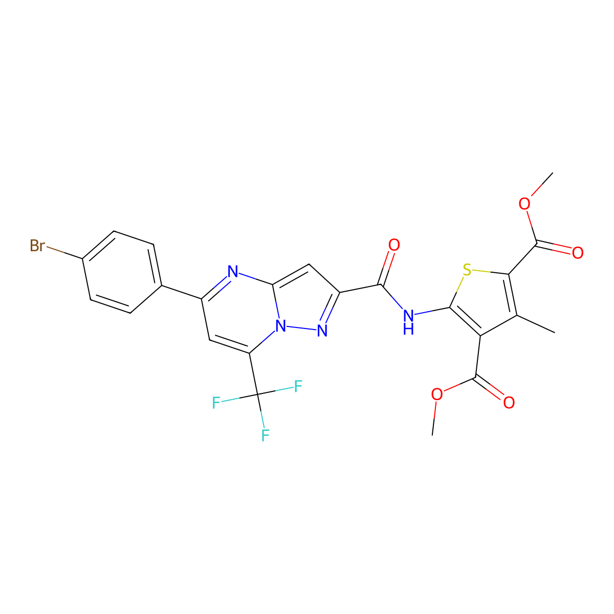 Dimethyl 5-[[5-(4-bromophenyl)-7-(trifluoromethyl)pyrazolo[1,5-a]pyrimidine-2-carbonyl]amino]-3-methylthiophene-2,4-dicarboxylate molecular structure, CAS 333763-69-2