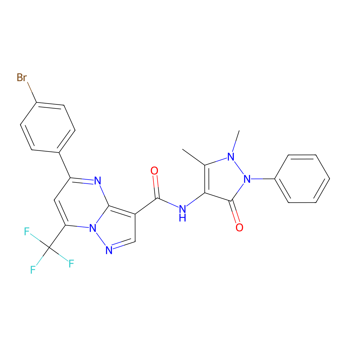 5-(4-bromophenyl)-N-(1,5-dimethyl-3-oxo-2-phenylpyrazol-4-yl)-7-(trifluoromethyl)pyrazolo[1,5-a]pyrimidine-3-carboxamide molecular structure, CAS 333764-04-8