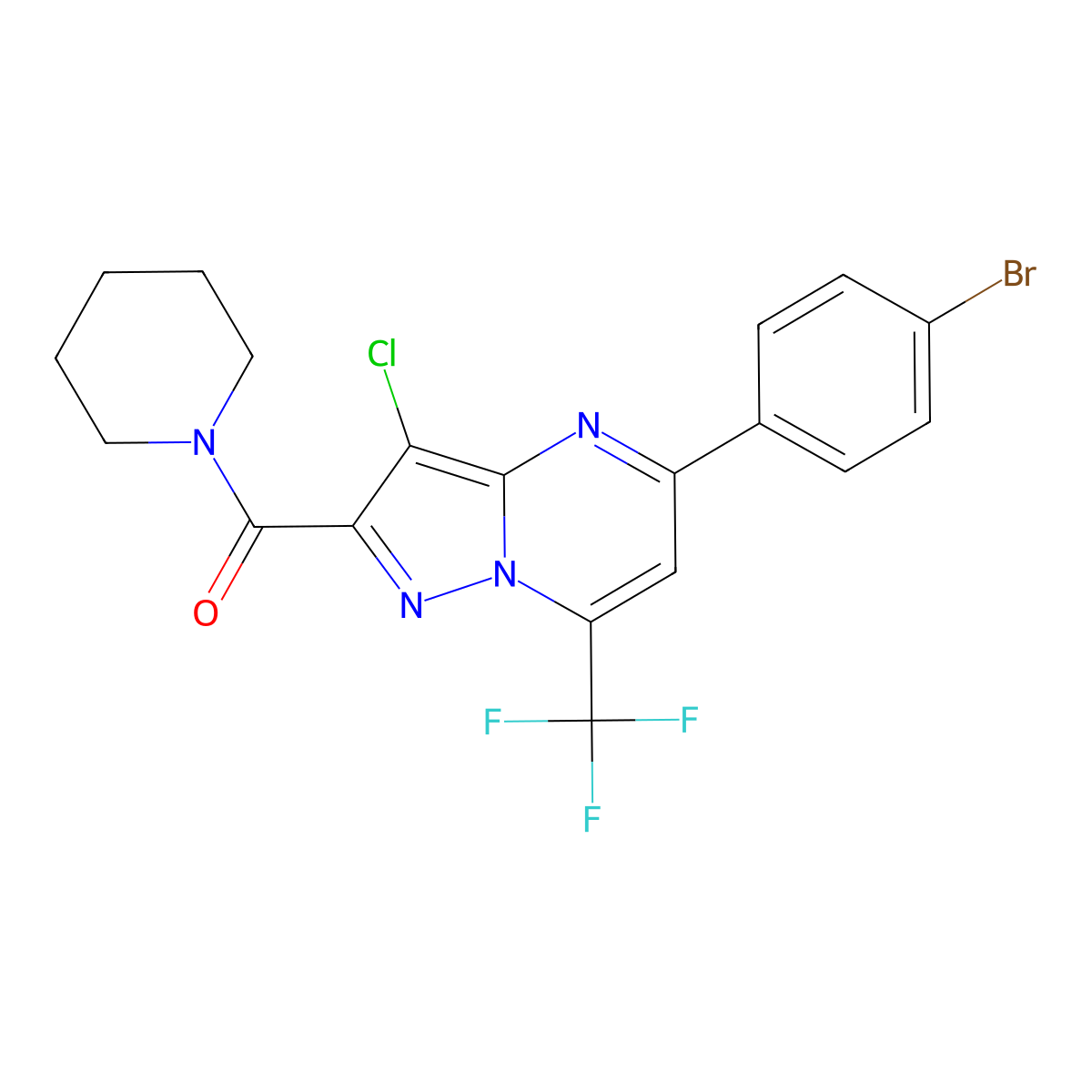 5-(4-Bromophenyl)-3-chloro-2-(1-piperidinylcarbonyl)-7-(trifluoromethyl)pyrazolo[1,5-a]pyrimidine molecular structure, CAS 333764-33-3