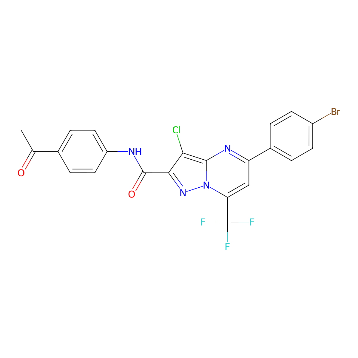 N-(4-acetylphenyl)-5-(4-bromophenyl)-3-chloro-7-(trifluoromethyl)pyrazolo[1,5-a]pyrimidine-2-carboxamide molecular structure, CAS 333764-39-9