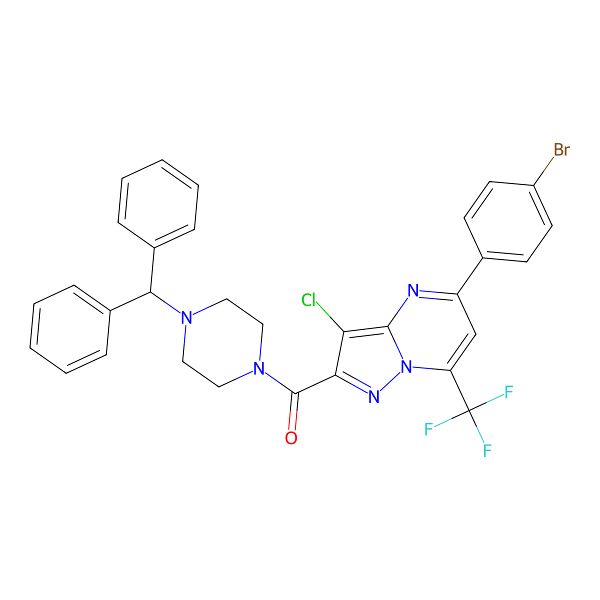 2-[(4-Benzhydryl-1-piperazinyl)carbonyl]-5-(4-bromophenyl)-3-chloro-7-(trifluoromethyl)pyrazolo[1,5-a]pyrimidine molecular structure, CAS 333764-50-4