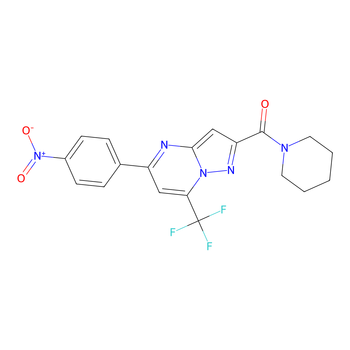 [5-(4-Nitrophenyl)-7-(trifluoromethyl)pyrazolo[1,5-a]pyrimidin-2-yl]-piperidin-1-ylmethanone molecular structure, CAS 333765-16-5