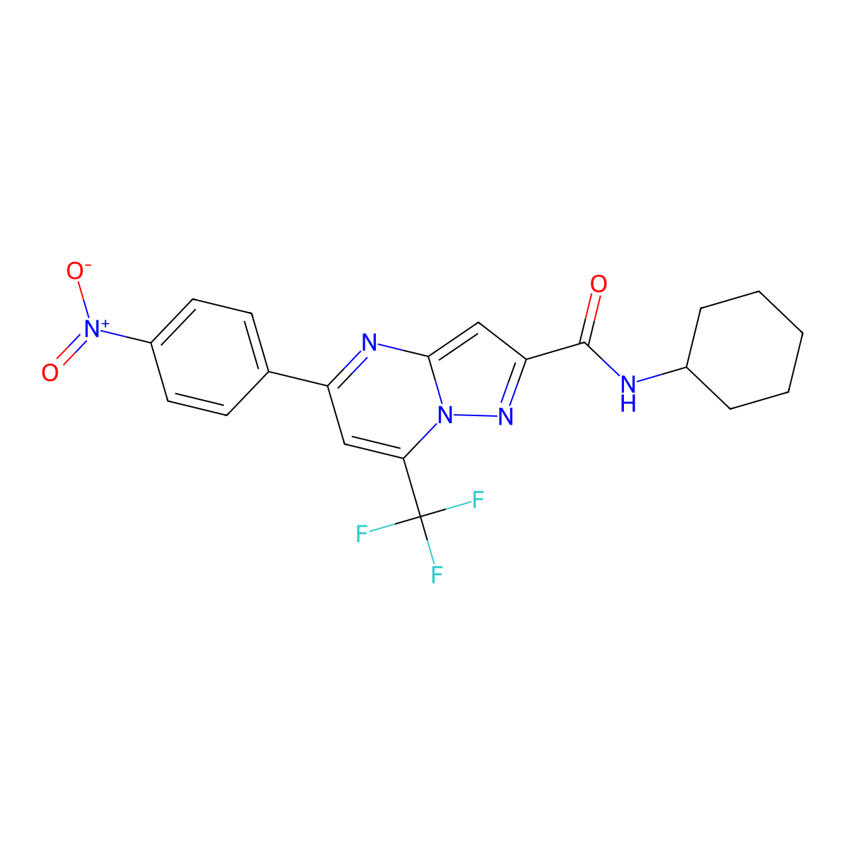 N-cyclohexyl-5-(4-nitrophenyl)-7-(trifluoromethyl)pyrazolo[1,5-a]pyrimidine-2-carboxamide molecular structure, CAS 333765-23-4