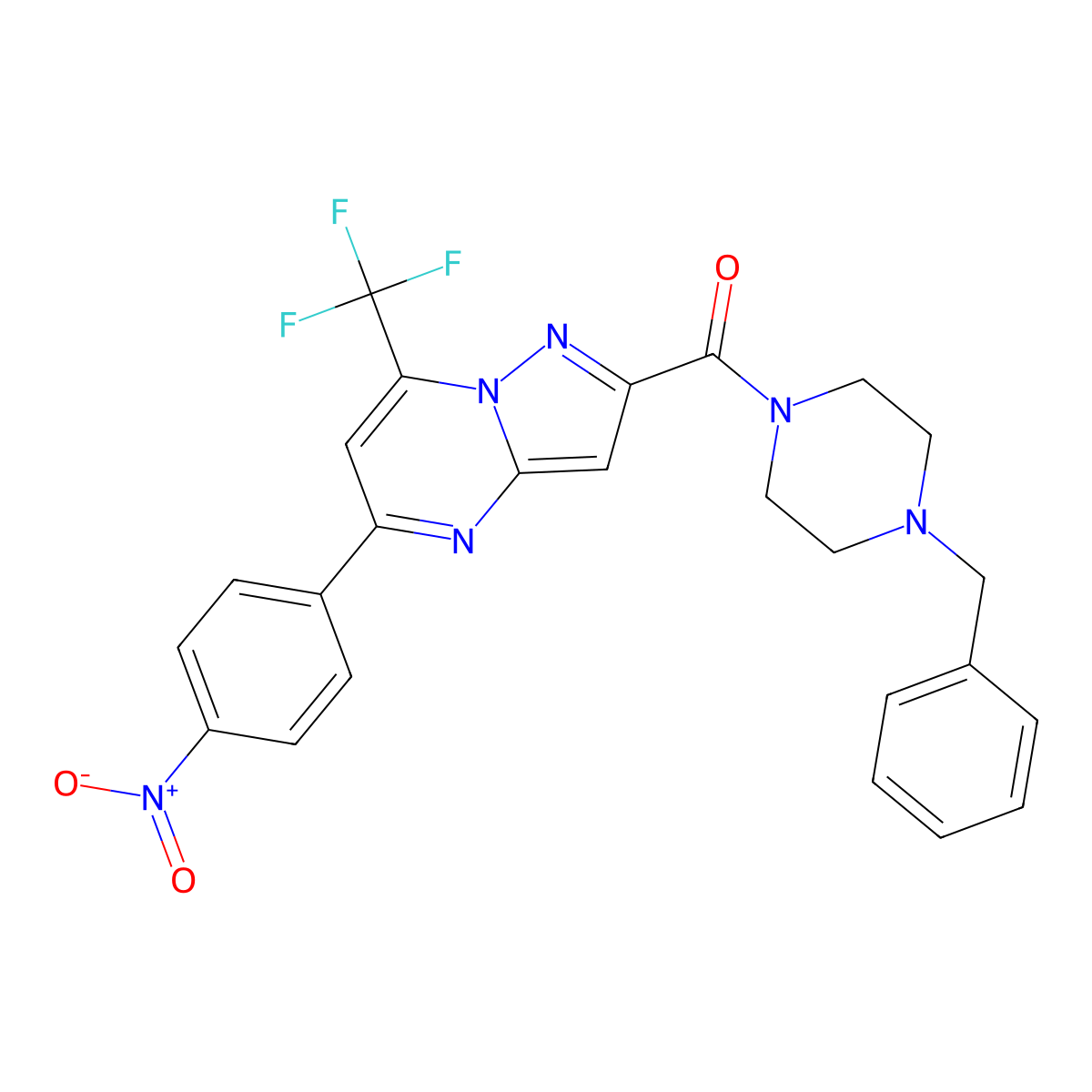 (4-Benzylpiperazin-1-yl)-[5-(4-nitrophenyl)-7-(trifluoromethyl)pyrazolo[1,5-a]pyrimidin-2-yl]methanone molecular structure, CAS 333765-34-7