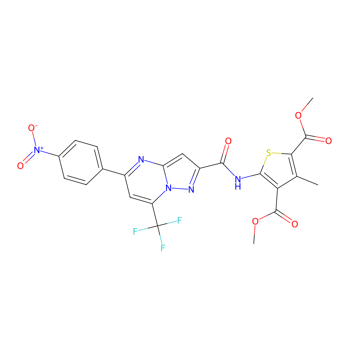 Dimethyl 3-methyl-5-[[5-(4-nitrophenyl)-7-(trifluoromethyl)pyrazolo[1,5-a]pyrimidine-2-carbonyl]amino]thiophene-2,4-dicarboxylate molecular structure, CAS 333765-42-7