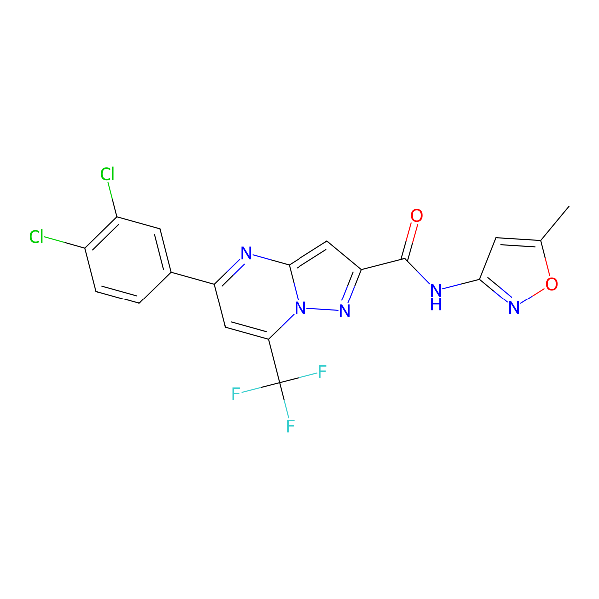 5-(3,4-dichlorophenyl)-N-(5-methylisoxazol-3-yl)-7-(trifluoromethyl)pyrazolo[1,5-a]pyrimidine-2-carboxamide molecular structure, CAS 333765-68-7