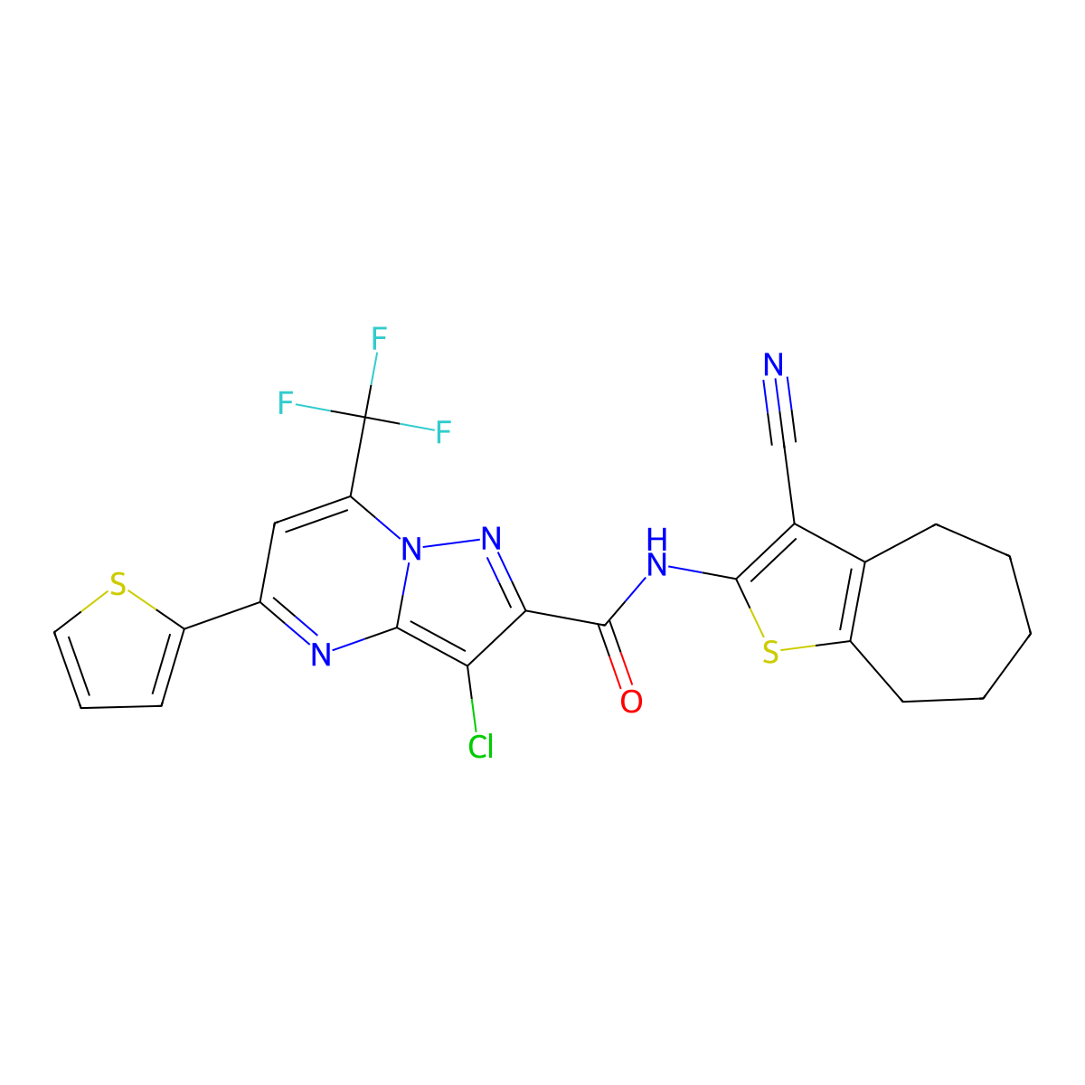 3-chloro-N-(3-cyano-5,6,7,8-tetrahydro-4H-cyclohepta[b]thiophen-2-yl)-5-(thiophen-2-yl)-7-(trifluoromethyl)pyrazolo[1,5-a]pyrimidine-2-carboxamide molecular structure, CAS 333765-89-2