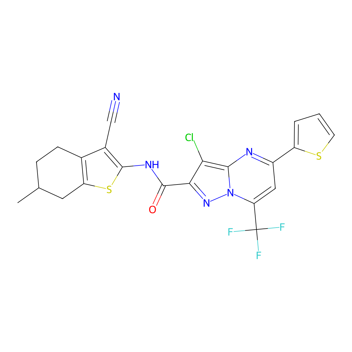 3-chloro-N-(3-cyano-6-methyl-4,5,6,7-tetrahydro-1-benzothien-2-yl)-5-(2-thienyl)-7-(trifluoromethyl)pyrazolo[1,5-a]pyrimidine-2-carboxamide molecular structure, CAS 333765-91-6