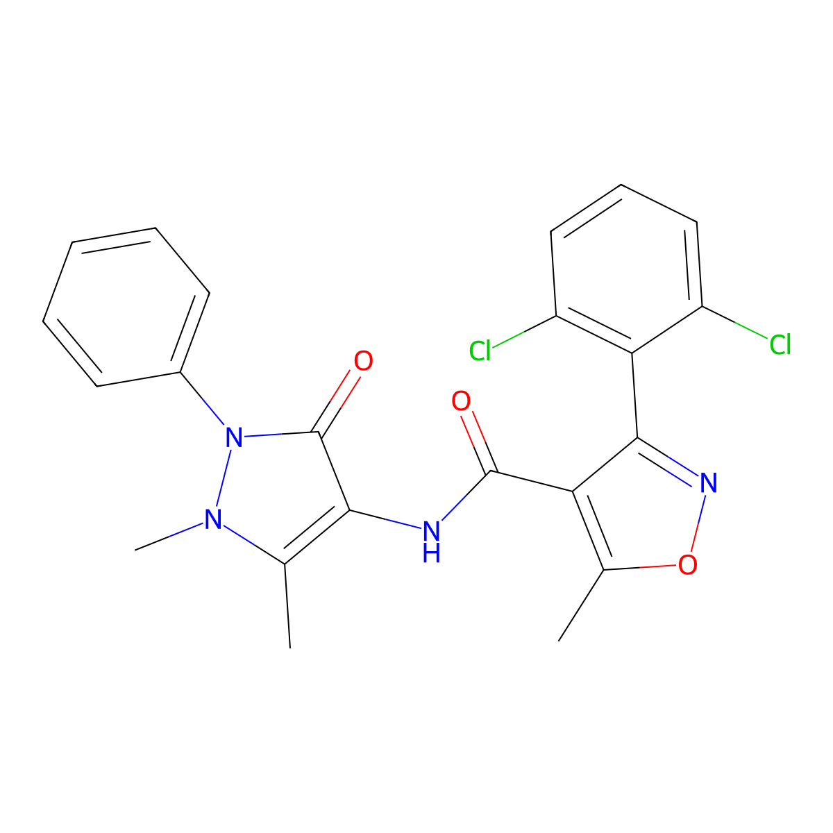 3-(2,6-dichlorophenyl)-N-(1,5-dimethyl-3-oxo-2-phenyl-2,3-dihydro-1H-pyrazol-4-yl)-5-methyl-1,2-oxazole-4-carboxamide molecular structure, CAS 333768-54-0