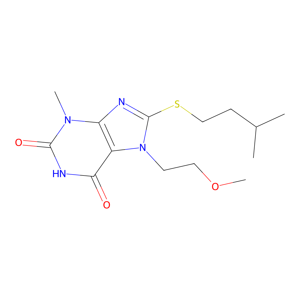 8-(isopentylthio)-7-(2-methoxyethyl)-3-methyl-1H-purine-2,6(3H,7H)-dione molecular structure, CAS 333768-92-6