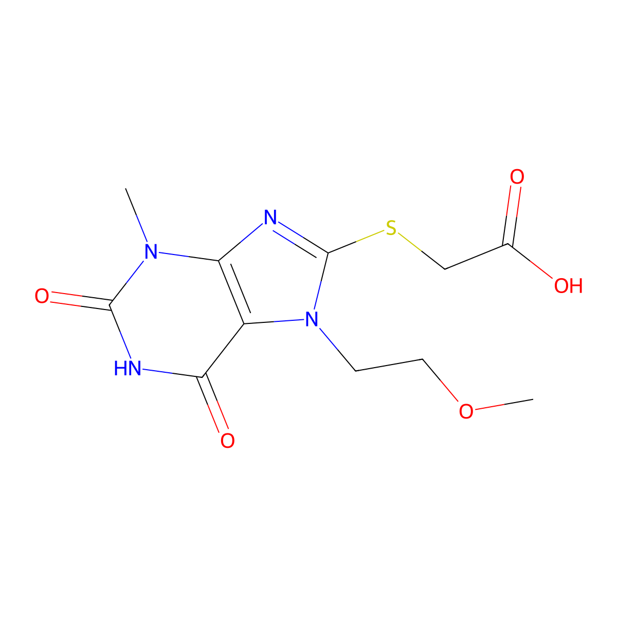 2-((7-(2-methoxyethyl)-3-methyl-2,6-dioxo-2,3,6,7-tetrahydro-1H-purin-8-yl)thio)acetic acid molecular structure, CAS 333768-97-1