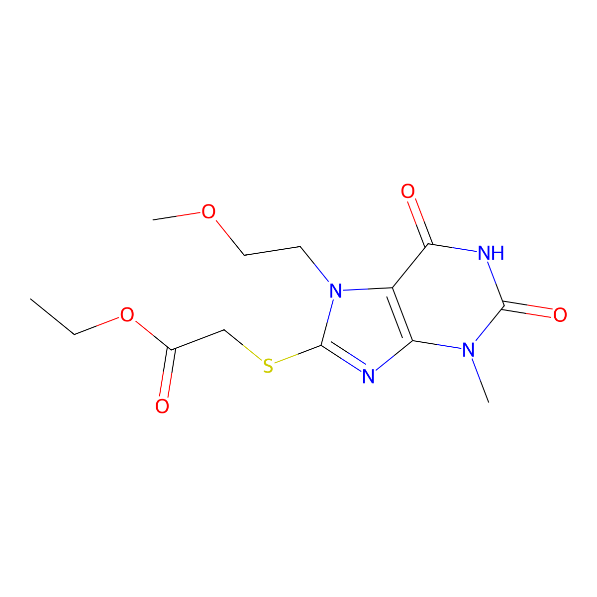 Ethyl 2-[7-(2-methoxyethyl)-3-methyl-2,6-dioxopurin-8-yl]sulfanylacetate molecular structure, CAS 333768-99-3
