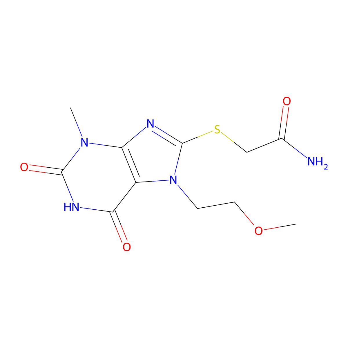 2-((7-(2-methoxyethyl)-3-methyl-2,6-dioxo-2,3,6,7-tetrahydro-1H-purin-8-yl)thio)acetamide molecular structure, CAS 333769-00-9
