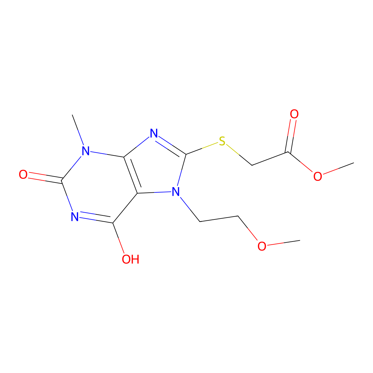 Methyl 2-[7-(2-methoxyethyl)-3-methyl-2,6-dioxopurin-8-yl]sulfanylacetate molecular structure, CAS 333769-01-0