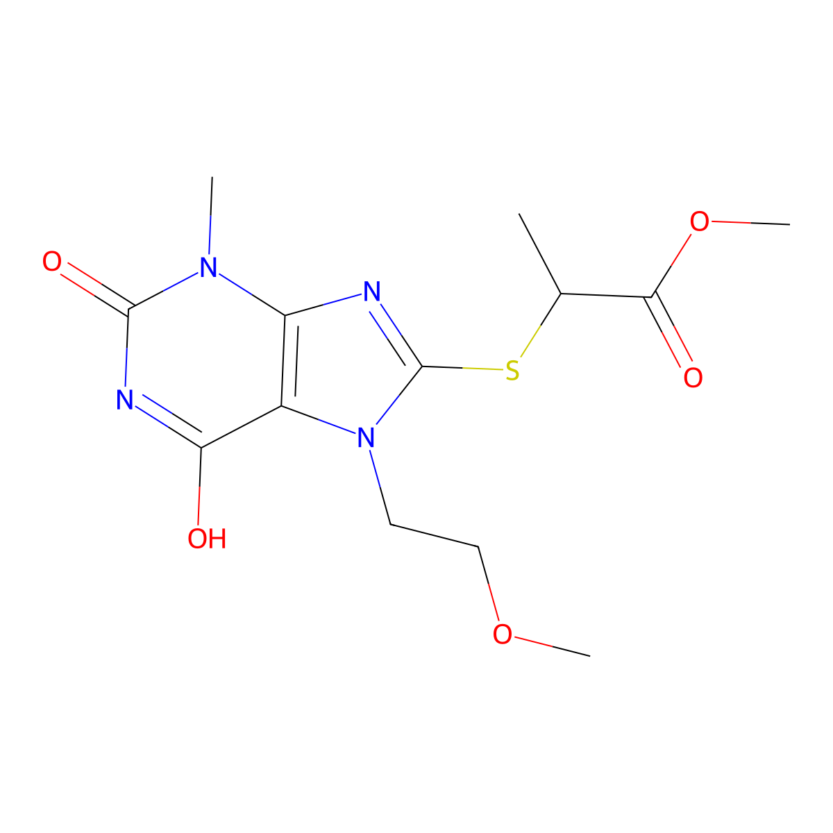 Methyl 2-[7-(2-methoxyethyl)-3-methyl-2,6-dioxopurin-8-yl]sulfanylpropanoate molecular structure, CAS 333769-03-2