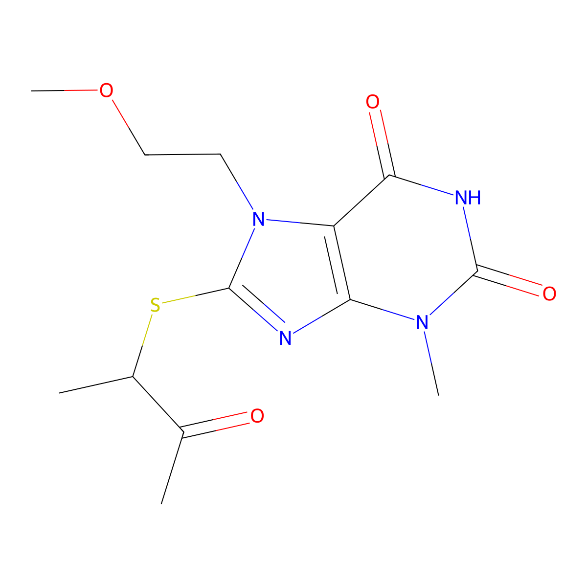 7-(2-methoxyethyl)-3-methyl-8-((3-oxobutan-2-yl)thio)-1H-purine-2,6(3H,7H)-dione molecular structure, CAS 333769-04-3