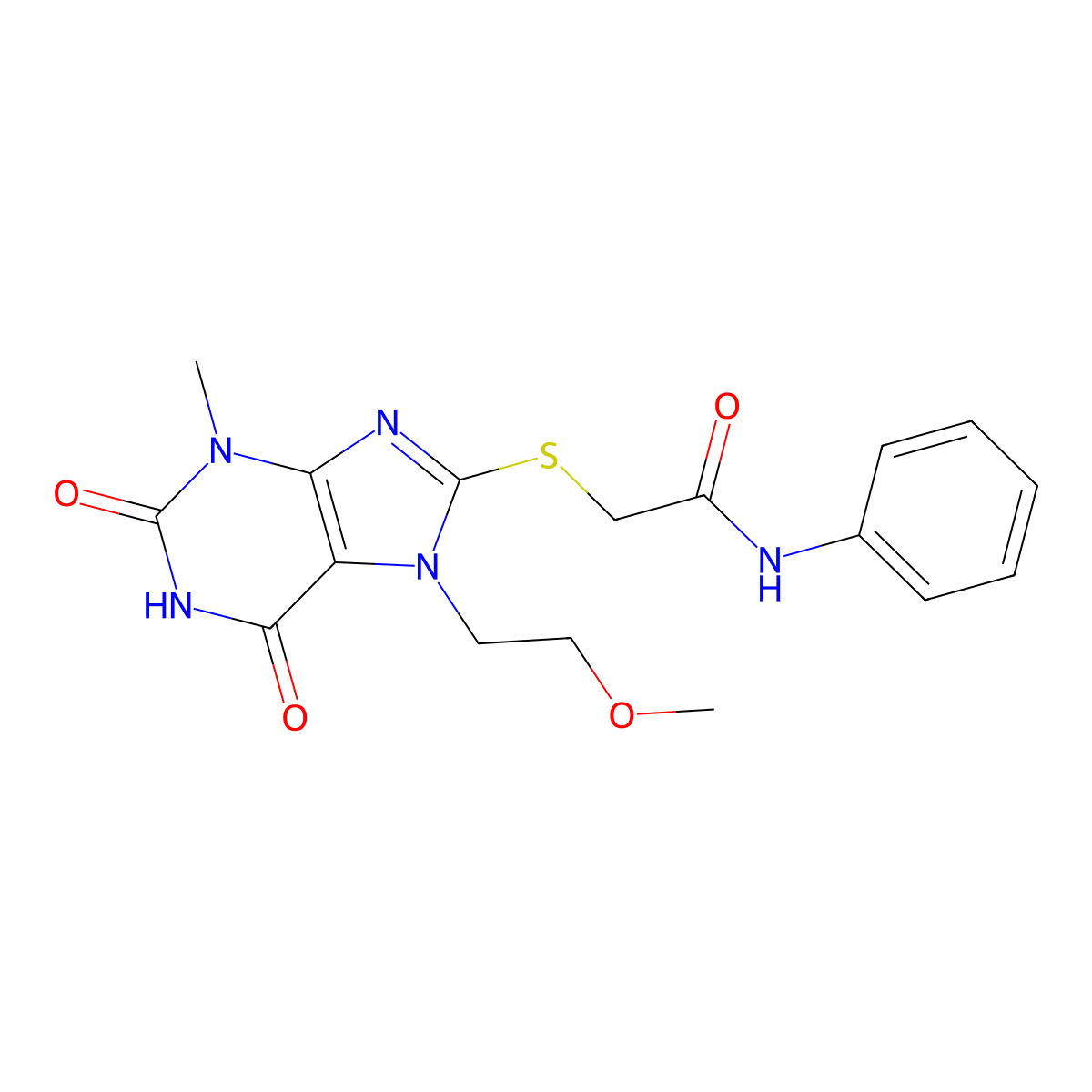 2-{[7-(2-methoxyethyl)-3-methyl-2,6-dioxo-2,3,6,7-tetrahydro-1H-purin-8-yl]sulfanyl}-N-phenylacetamide molecular structure, CAS 333769-05-4