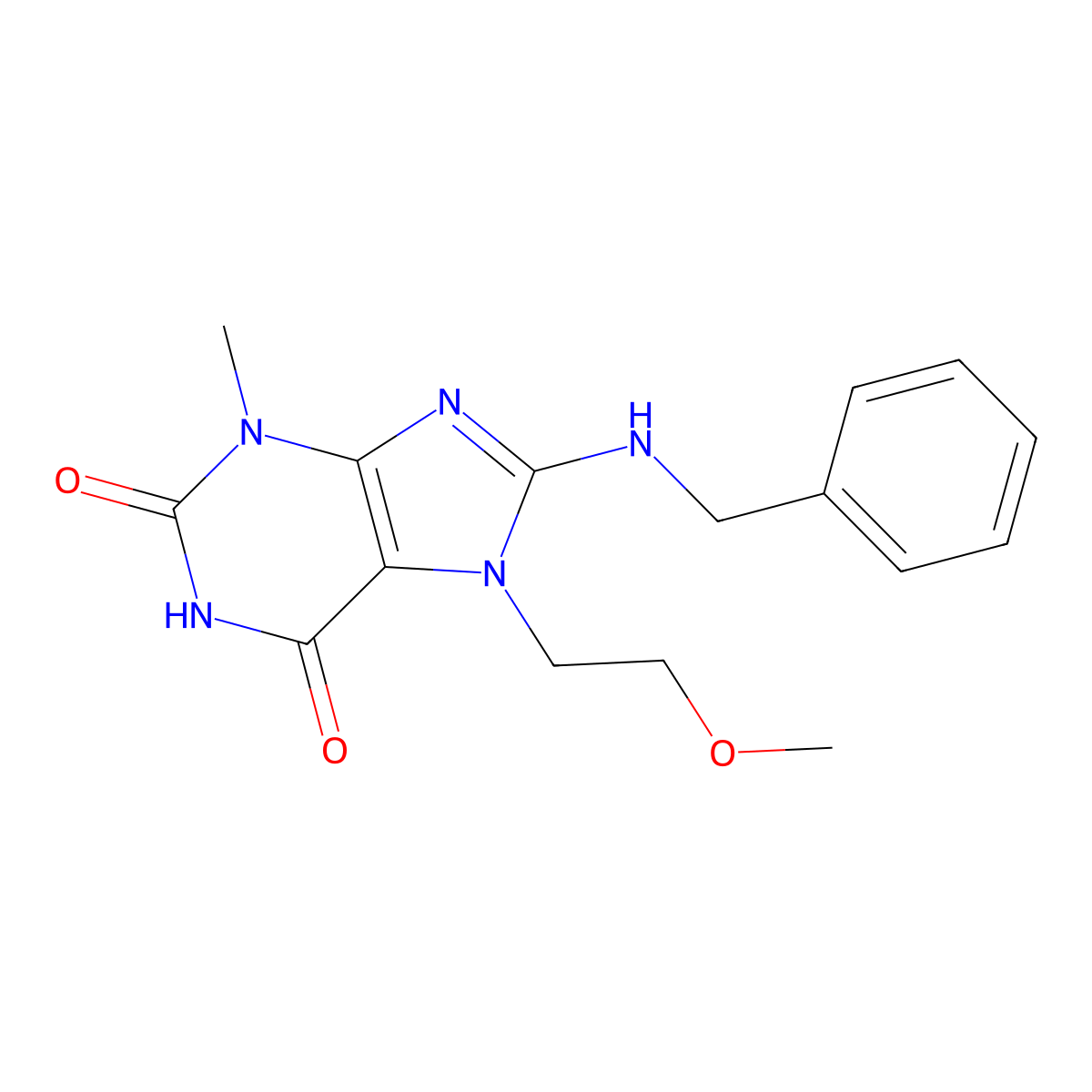 8-Benzylamino-7-(2-methoxy-ethyl)-3-methyl-3,7-dihydro-purine-2,6-dione molecular structure, CAS 333769-08-7