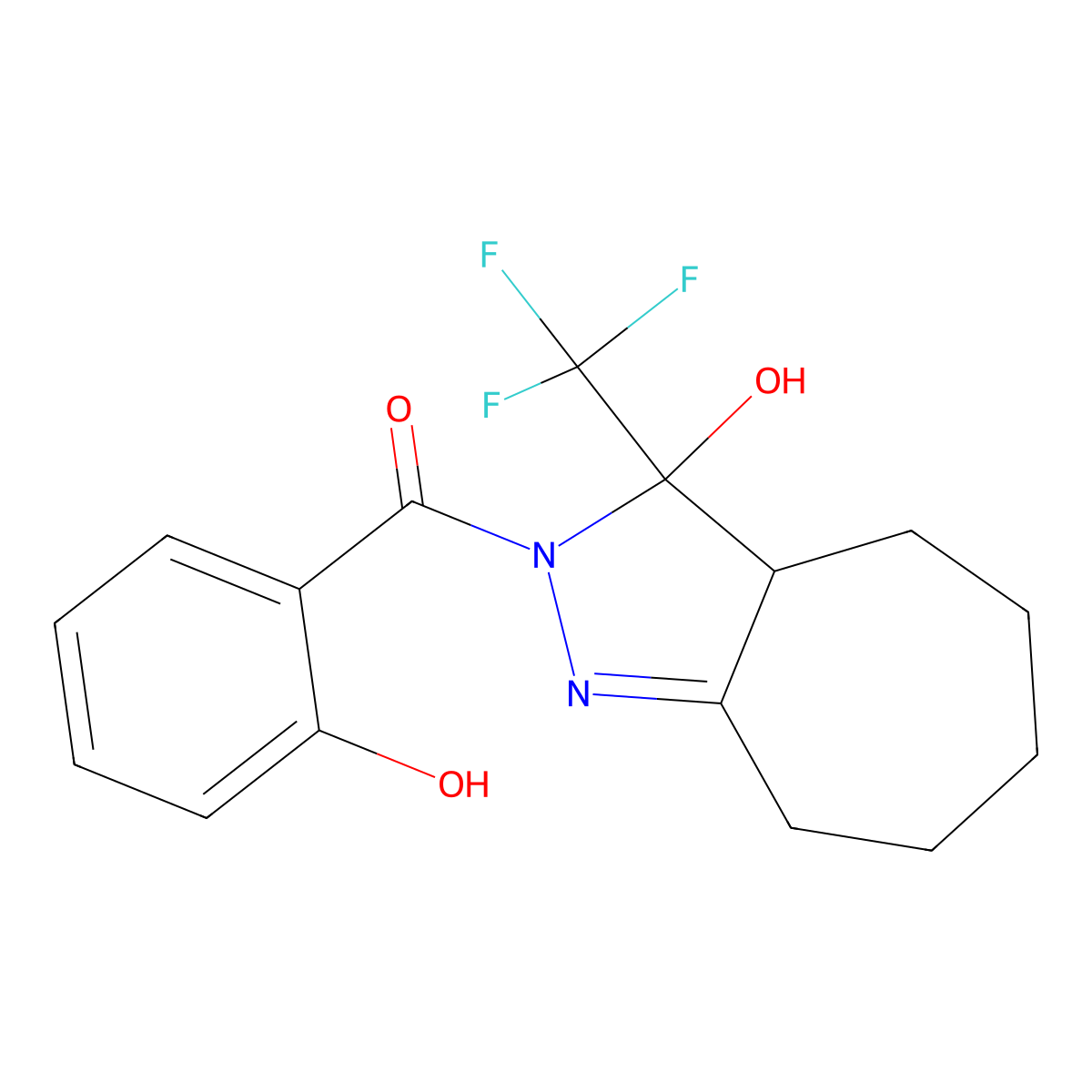 (2-Hydroxyphenyl)-[3-hydroxy-3-(trifluoromethyl)-3a,4,5,6,7,8-hexahydrocyclohepta[c]pyrazol-2-yl]methanone molecular structure, CAS 333770-94-8
