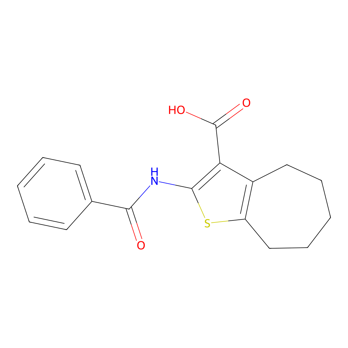 2-benzamido-5,6,7,8-tetrahydro-4H-cyclohepta[b]thiophene-3-carboxylic acid molecular structure, CAS 333774-32-6
