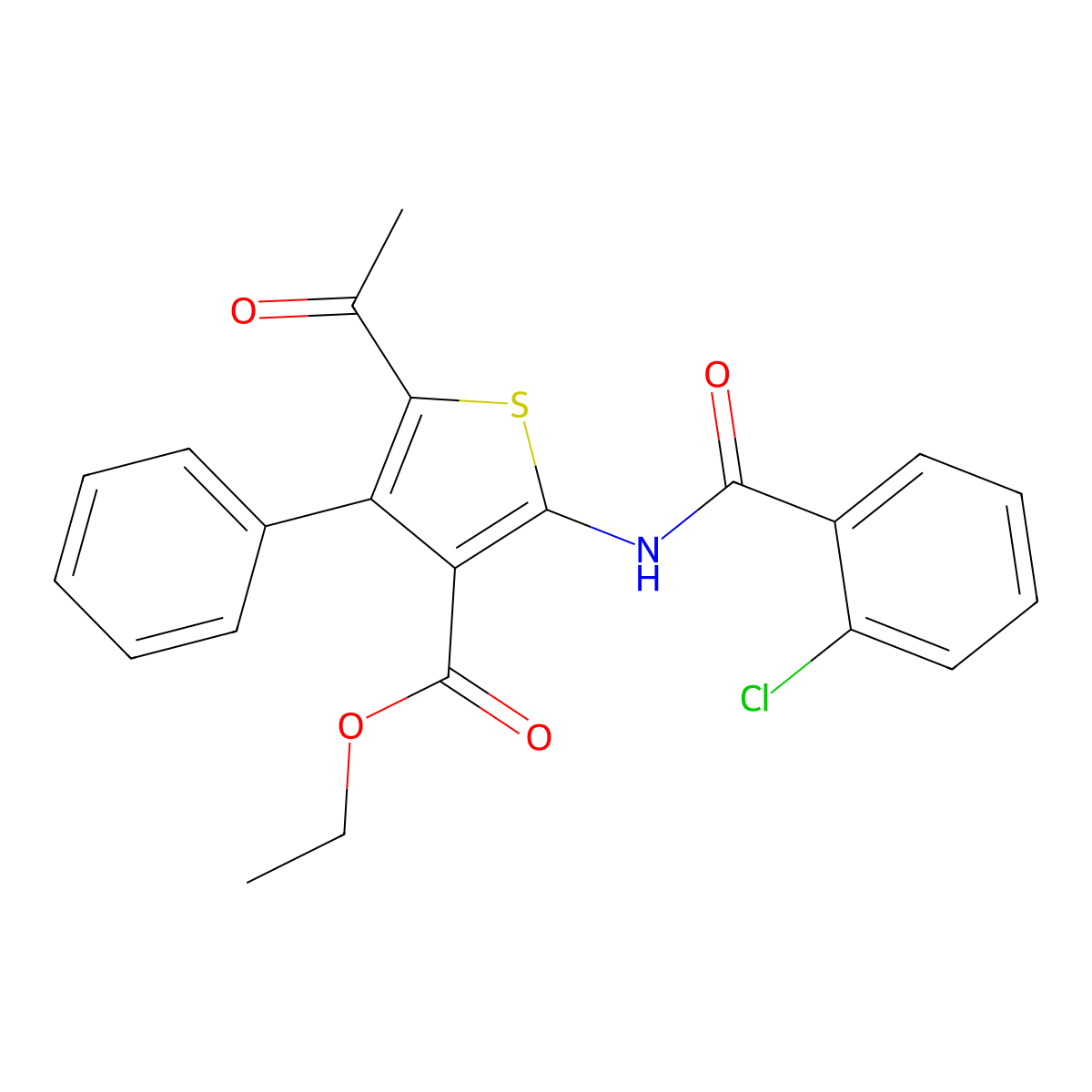 Ethyl 5-acetyl-2-{[(2-chlorophenyl)carbonyl]amino}-4-phenylthiophene-3-carboxylate molecular structure, CAS 333774-40-6