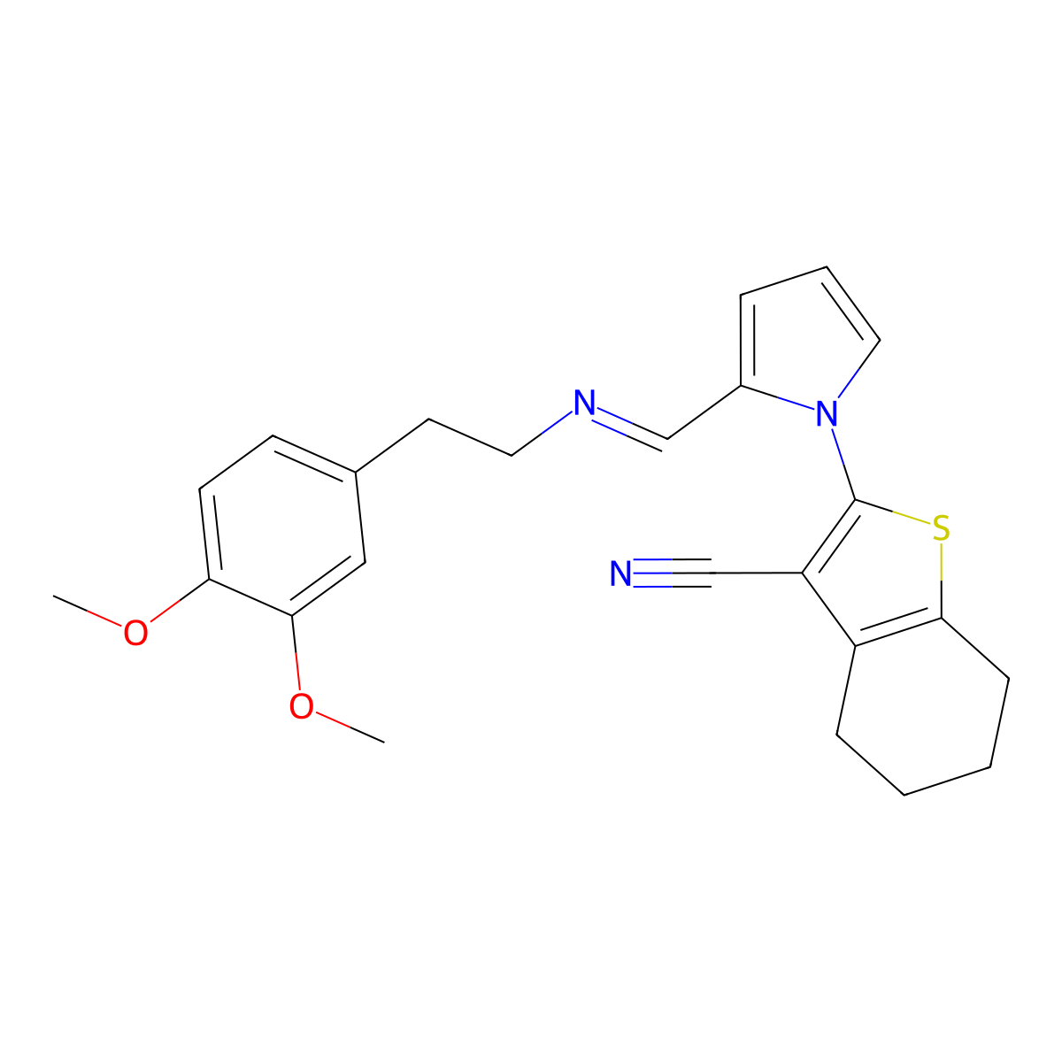 2-{2-[(Z)-{[2-(3,4-dimethoxyphenyl)ethyl]imino}methyl]-1H-pyrrol-1-yl}-4,5,6,7-tetrahydro-1-benzothiophene-3-carbonitrile molecular structure, CAS 333774-47-3