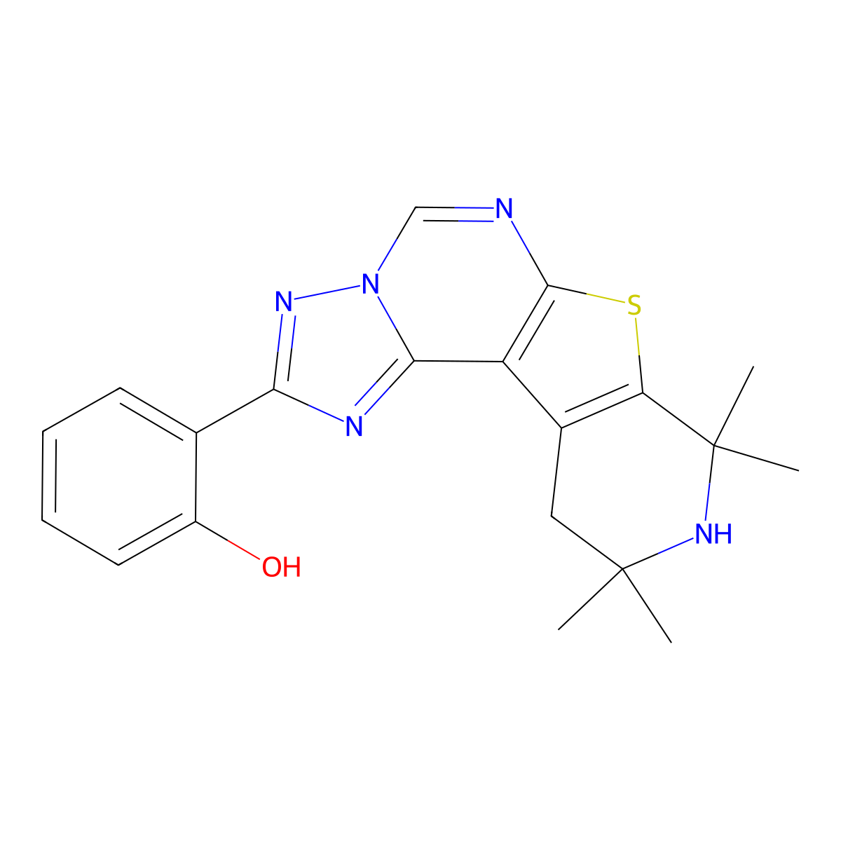 2-(8,8,10,10-Tetramethyl-8,9,10,11-tetrahydropyrido[4',3':4,5]thieno[3,2-e][1,2,4]triazolo[1,5-c]pyrimidin-2-yl)phenol molecular structure, CAS 333774-68-8