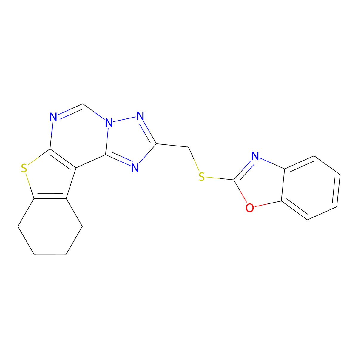 2-(((8,9,10,11-Tetrahydrobenzo[4,5]thieno[3,2-e][1,2,4]triazolo[1,5-c]pyrimidin-2-yl)methyl)thio)benzo[d]oxazole molecular structure, CAS 333774-72-4